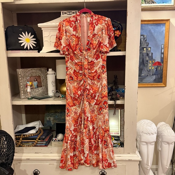 Cinq a Sept Peeta Ruched Damask Midi Dress pink poppy multi size 6 - Picture 6 of 9